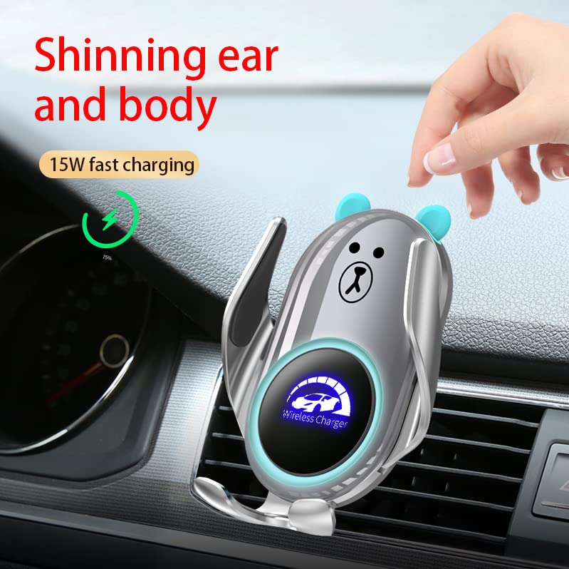 Phone Mount for Car Wireless Charger Auto Clamping with Rotatable Vent Clip Cute Bear for iPhone Samsung Andriod Phone - style: Silver bear