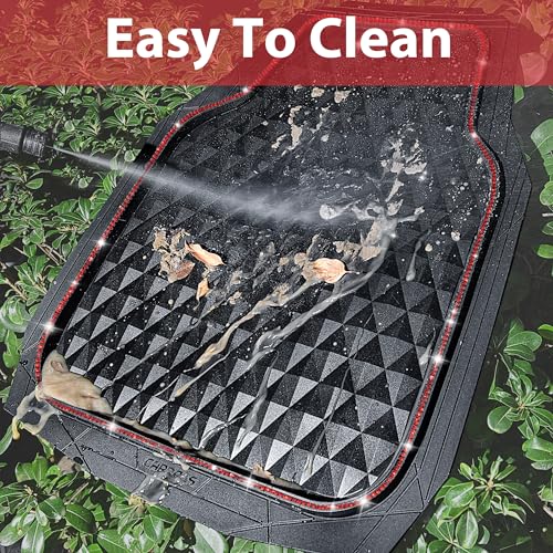 CAR PASS Bling Diamond Rubber Car Mats, Heavy Duty Deep Dish All-Weather Floor Mat Full Set Anti-Slip 3D Rhombus Waterproof Trim to Fit Liner Universal Glitter Sparkly Shining Rhinestone, 3 Pcs Red - color: Red Diamond