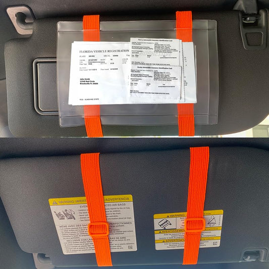 Car Registration and Insurance Holder Visor - Durable Elastic Band & Buckle Closure - Conveniently Stores Documents - Essential Car Accessory (Orange/Orange), Made in USA - color: Orange