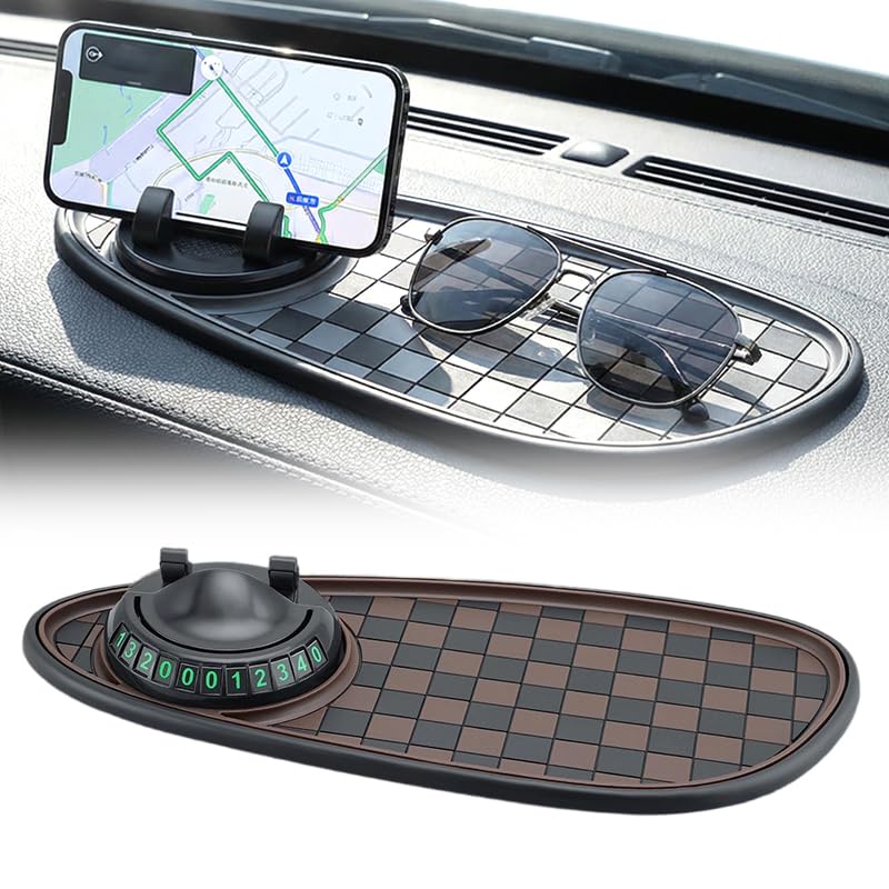 2026 New Multifunction Car Anti-Slip Pad, 360° Rotatable Phone Holder Dashboard Pad with Hidden Parking Number Plate, Car Anti Slip Pad Phone Holder for Phone Keys Sunglasses (Brown) - color: Brown