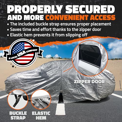 Mockins 190"x75"x60" Sedan Car Cover with Zipper Door | 190T Polyester Soft Indoor & Outdoor Weatherproof Car Covers for Automobiles | Full Exterior Covers for Snow, Frost, UV, Light Rain & Foliage - size: Sedan - Medium - 190" X 75" X 60" With Zipper Doo