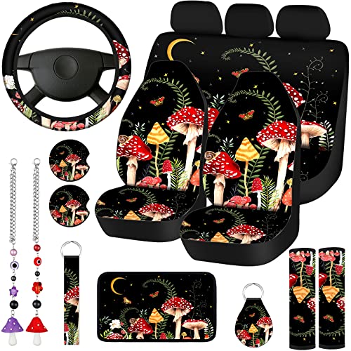 Riakrum 17 Pcs Mushroom Car Seat Covers Car Accessories Full Set for Women Men Automotive Rear Front Seat Protector View Mirror Hanging Ornament Steer Wheel Belt Cover(Forest Mushroom) - style: Forest Mushroom