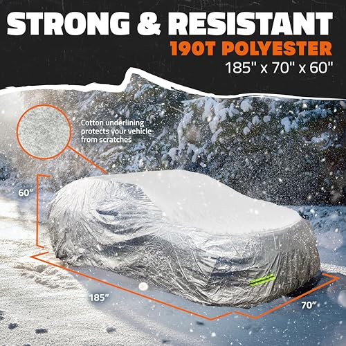 Mockins 185"x70"x60" Small Sedan Car Cover for Snow, Frost, UV, & Light Rain | All Weather 190T Polyester Outdoor & Indoor Car Covers for Automobiles | Water-Resistant Full Exterior Covers w/Strap - size: Sedan - Small - 185" X 70" X 60"