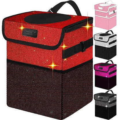 Car Trash Can, Cute Mini Trash Bag With Lid, Glitter Garbage Bin Hanging for Back/Front Seat/Console, Waterproof, Leakproof, 2.5 Gallon, Red Bling Sparkly - color: Red Bling Sparkly
