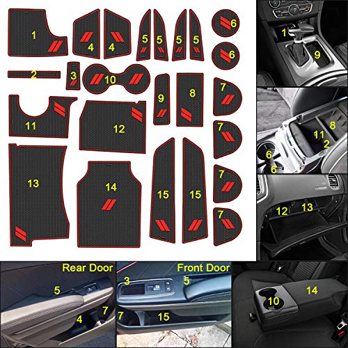 Fits Dodge Charger Accessories 2015-2023, Cup Holder Insert Center Console Shifter Liner Trim Interior Door Pocket Mats Pad (24pcs Set, Red Trim) - color: Red