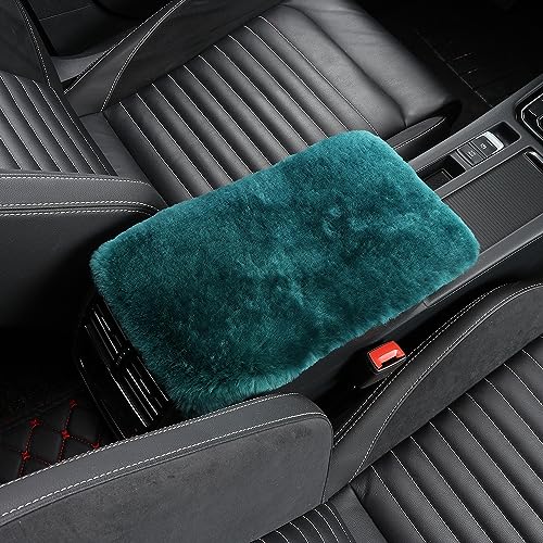 Genuine Sheepskin Center Console Cover Pad Genuine Furry Fluffy Wool Fur Car Armrest Cover Protector Universal Fit for SUV/Truck/Car - color: Shearling-Dark Green