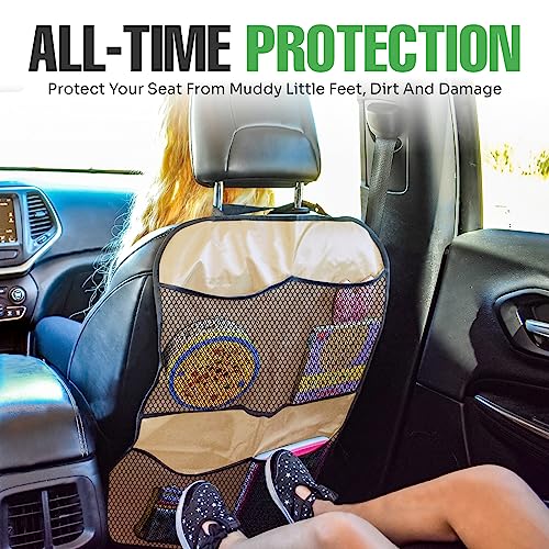 lebogner Back Seat Cover for Kids + 4 Pocket Storage Organizer, 2 Pack Kick Mats Backseat Protector, Car Accessories Waterproof Kick Guard for Vehicles to Protect from Dirt, Mud & Scratches, Beige