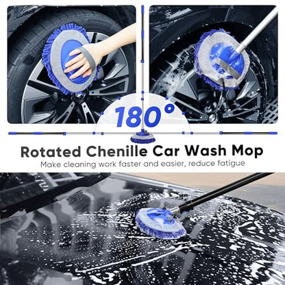 5-12ft Car Wash Kit,8 Piece,Thickened Aluminum Telescopic Rod,Cleaning Brush,Tire Brush,180 ° Chenille Mop,Fiber Towel,Storage Bag,2-Piece Detail Brush,Car,RV,Truck Clean Kit