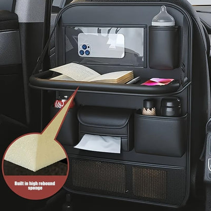 Car Backseat Organizer with Foldable Table Tray - Universal Auto Seat Back Organizer with Tablet Holder, Kick Mats Protector, Storage Pockets for SUV Sedan