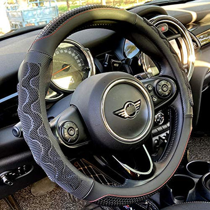 PINCTROT Large Size Steering Wheel Cover Great Grip with 3D Honeycomb Anti-Slip Design, 15.5-15.75 Inch (Black/Red Stitch) - color: 2.Black (Red Trim), size: Large Size[15 1/2''-15 3/4'']