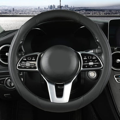 Car Steering Wheel Cover, Leather Steering Wheel Cover Black Universal 14.5-15 Inch Microfiber Leather Anti-Slip Breathable Auto Steering Wheel Covers Accessories for Men Women - color: Black
