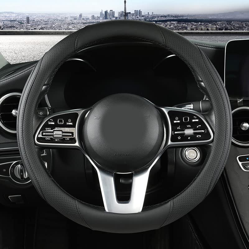 Car Steering Wheel Cover, Leather Steering Wheel Cover Black Universal 14.5-15 Inch Microfiber Leather Anti-Slip Breathable Auto Steering Wheel Covers Accessories for Men Women - color: Black