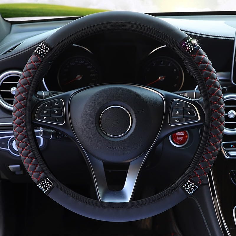 PU Leather Elasticity Car Steering Wheel Cover Anti-Slip Adjustable Steering Wheel Protective Sleeve, Black red - color: Black red