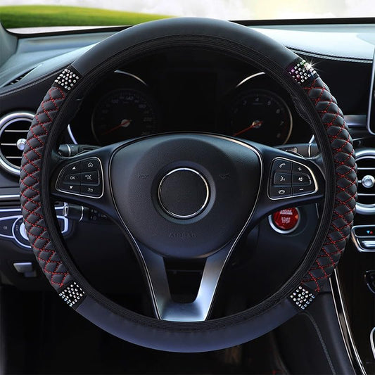 PU Leather Elasticity Car Steering Wheel Cover Anti-Slip Adjustable Steering Wheel Protective Sleeve, Black red - color: Black red