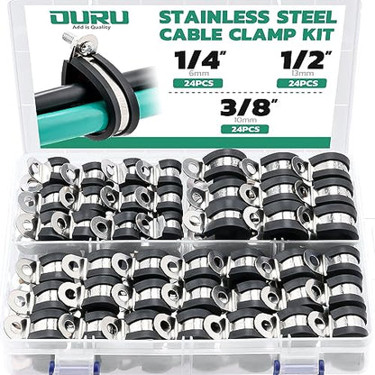 OURU 72PCS Stainless Steel Cable Clamp,Rubber Coated Cushioned Insulated Cable Clamps Assortment Kit-Metal Wire Clamps,Cable Clips,Pipe Clamps - size: 72PCS