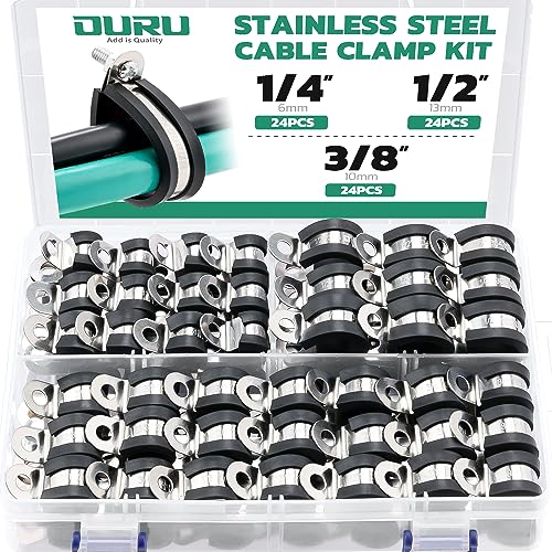 OURU 72PCS Stainless Steel Cable Clamp,Rubber Coated Cushioned Insulated Cable Clamps Assortment Kit-Metal Wire Clamps,Cable Clips,Pipe Clamps - size: 72PCS
