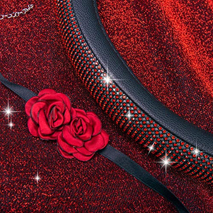 CAR PASS Red Diamond Black Leather Steering Wheel Cover, with Bling Crystal Rhinestones Universal Fit 14" 1/2-15" Crystal Glitter for Women Sparkle Girl Fit Suvs,Vans,Sedans,Cars,Trucks, Red Diamond - color: Red Diamond