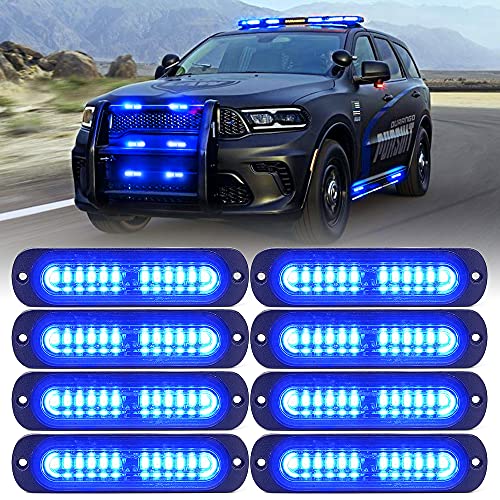 Xprite Blue LED Emergency Strobe Lights Kit, Surface Flush Mount Grill Grille Hazard Warning Safty Flashing Police Light for Volunteer Vehicles Off-Road Trucks Cars SUV ATV UTV Motorcycle - 8PCS - color: Blue, size: 8PCS