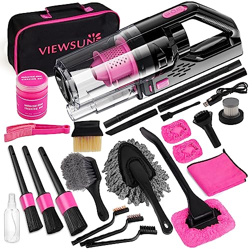 Car Vacuum Cordless Rechargeable, 8000PA High Power Handheld Vacuum Cleaner with 17PCS Car Cleaning Kit, Pink Auto Accessories for Women Gift - color: Pink, size: 17pcs With Cordless Vacuum