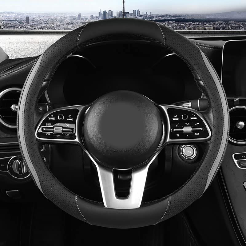 Car Steering Wheel Cover, Leather Steering Wheel Cover Grey Universal 14.5-15 Inch Microfiber Leather Anti-Slip Breathable Auto Steering Wheel Covers for Men Women (Black&Grey) - color: Grey