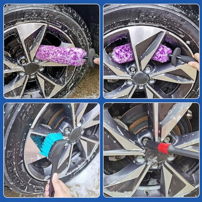 4 Pack Wheel Tire Cleaning Brush Kit Cars Motorcycles RVs Trucks Rim Hub Ultra Soft Microfiber No Spatter 360 Bendable Synthetic Woolies Wash Vehicles Bristle Set - color: Purple & White