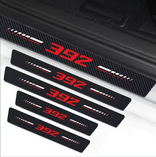 4Pcs Door Sill Plate Protectors for Dodge Challenger Durango SRT 392 Car Accessories, Carbon Fiber Leather Door Sill Stickers for Dodge 392 Auto Accessories - color: 392 red