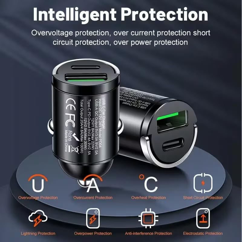 66W Car Fast Charger Dual USB-A USB-C Mini Metal Ring Design Stable Power Protection for Smartphones GPS Tachographs, Black - color: Black
