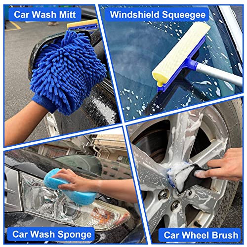21Pcs Car Wash Kit,62" Car Wash Brush Mop with Long Handle,Car Cleaning Kit,Car Detailing Brush Set,Car Wash Bucket with Filter,Windshield Window Squeegee for Cars RV Truck Boat (Blue)