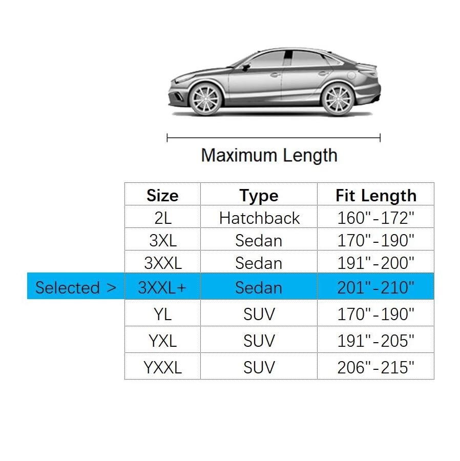 Car Cover Fit for 201-210 inches Length Sedan Waterproof All Weather Outdoor Full Cover Rain Sun UV Protection Driver Side Door Zipper Dirtproof, Scratch Resistant, Breathable, Dustproof - size: 3XXL+: Fit 201-210 inches Sedan