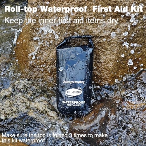 Boat First Aid Kit Waterproof, WELL-STRONG Marine Emergency Kit with Roll Top Dry Bag for Boating Fishing Kayaking – Water-Resistant Contents for Camping & Beach（Black） - color: Ws011-black