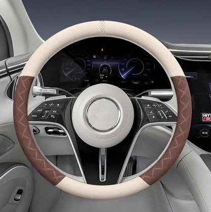 Ultra-Thin Napa Leather Steering Wheel Cover with 3D Anti-Slip Diamond Grip, Breathable Non-Bulky Design, Universal Fit 15 Inch for Cars & SUVs - color: White&Coffee
