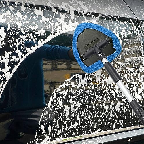 Ziciner Car Windshield Cleaner, Microfiber Auto Cleaning Wiper with Aluminum Extendable Handle and 2 Washable Reusable Cloth Pad Head, Universal Vehicle Interior Exterior Cleaner Kit (Blue-Triangle) - size: Blue-triangle