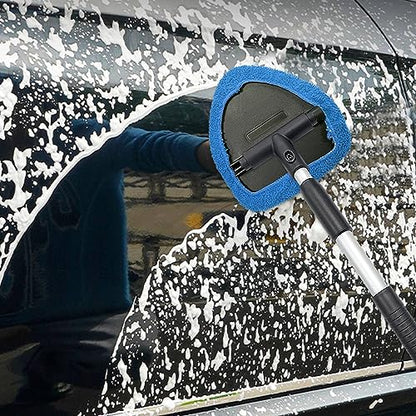 Ziciner Car Windshield Cleaner, Microfiber Auto Cleaning Wiper with Aluminum Extendable Handle and 2 Washable Reusable Cloth Pad Head, Universal Vehicle Interior Exterior Cleaner Kit (Blue-Triangle) - size: Blue-triangle