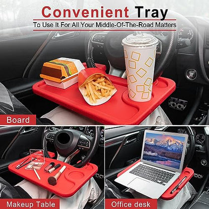 JUSTTOP Car Steering Wheel Desk, Red (ABS, Rectangular), Multipurpose Travel Tray for Eating, Laptop, Tablet, iPad, Cup Holder, Compatible with Most Cars - color: Red