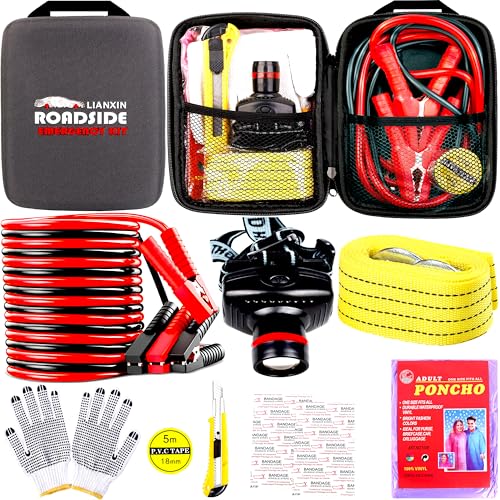 LIANXIN Car Roadside Emergency Kit,Car Safety Roadside Assistance Kit Jumper Cables, Headlamp,Tow Straps,Art Knife,Grey Automotive Emergency Kits - color: Gray