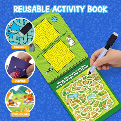Travel Reusable Activity Books- 2 Pack - Travel Games for Kids, Roads Trip Car Games & Activities Must Haves Essentials, Airplane Activities for Kids, Includes 20+ Learning Games in Each Book