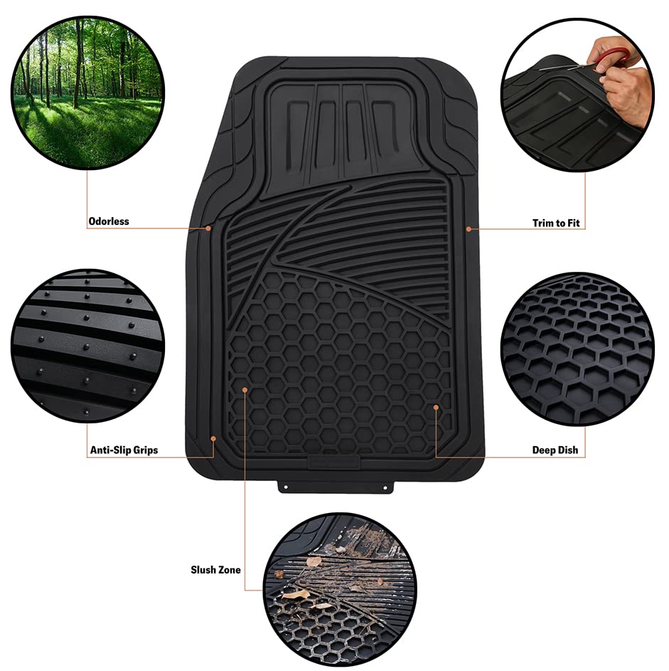 Amazon Basics Heavy Duty Thick PVC Car Floor Mats, Anti-Slip, Easy to Clean, Universal Trim-to-Fit All-Weather for Automotive SUV Sedans Trucks, 4-Piece, Solid Black