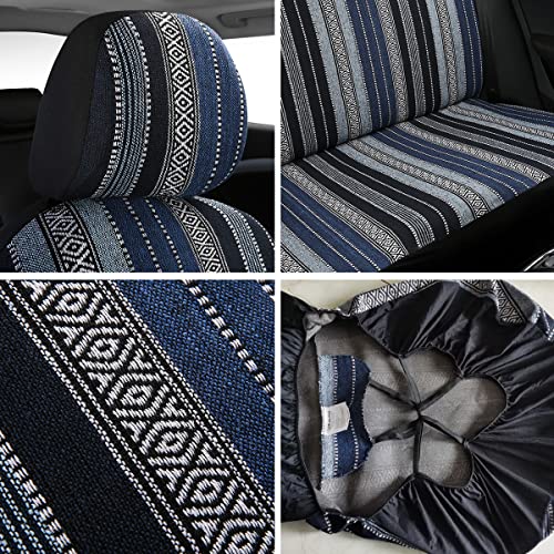 Baja Saddle Blanket Car Seat Covers 9PCS Full Set, Breathable and Washable Striped Woven Automotive Vehicle Seat Cover, Universal Seat Cover for Sedan, SUV, Truck, Airbag Compatible - color: Blue Baja, size: Full Set