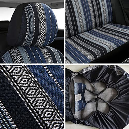 Baja Saddle Blanket Car Seat Covers 9PCS Full Set, Breathable and Washable Striped Woven Automotive Vehicle Seat Cover, Universal Seat Cover for Sedan, SUV, Truck, Airbag Compatible - color: Blue Baja, size: Full Set
