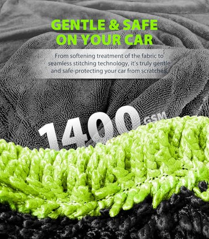 KKV Full-Sized SUV Drying Towel, 48”x24” Dual Sided Microfiber Car Cleaning Towel with Twisting Yarn Technique, 1400GSM Super Absorbent, Scratch-Free, Machine Washable (Darkgray-GreenYellow) - color: Darkgray-greenyellow