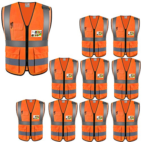 zojo High Visibility Safety Vests With Pockets, for Outdoor Works, Cycling, Jogging, Walking,Sports - Fits for Men and Women (Pack of 10, XL-Neon Orange) - color: 10pcs-orange-2xl, size: Large-X-Large