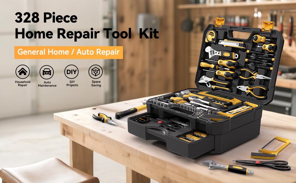 328 Piece Tool Kit for Home,Hand Repair Tool Set,Toolbox Storage Case with Drawer,General Household/Auto Tool Kit,Perfect for Homeowner, DIY, Handyman - color: Black and yellow