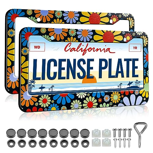 Colorful Hippie Flowers License Plate Frame - 2 Pack Women Car Plate Frames Cute Daisy Blossom Decorative Aluminum Car Tag Frames - color: Colorful Flowers