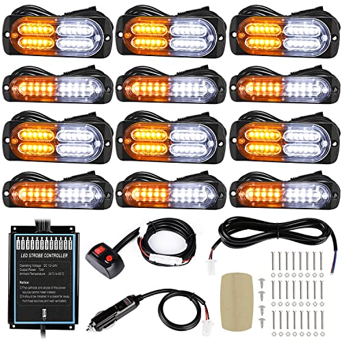LINKITOM 12pcs Ultra Slim Sync Feature Surface Mount LED Emergency Beacon Hazard Warning Flashing Strobe Lights with Waterproof Controller and Long Heavy Cable for Car Truck Vehicle, Amber/White