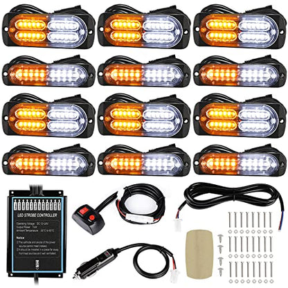 LINKITOM 12pcs Ultra Slim Sync Feature Surface Mount LED Emergency Beacon Hazard Warning Flashing Strobe Lights with Waterproof Controller and Long Heavy Cable for Car Truck Vehicle, Amber/White