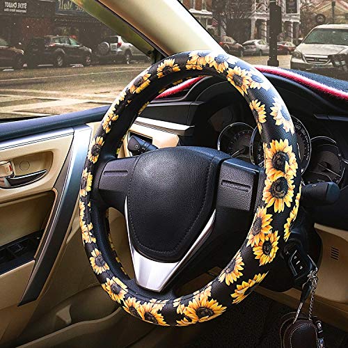 Evankin Sunflower Steering Wheel Cover Cute and Handmade,Leather Universal Steering Wheel Cover 15 inch, Fashionable Boho Sunflower Car Accessories for Women,Top Girl Car Accessories - color: Leather Sunflower Steering Wheel Cover