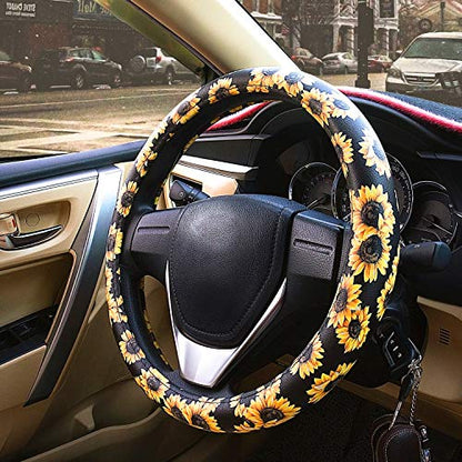 Evankin Sunflower Steering Wheel Cover Cute and Handmade,Leather Universal Steering Wheel Cover 15 inch, Fashionable Boho Sunflower Car Accessories for Women,Top Girl Car Accessories - color: Leather Sunflower Steering Wheel Cover