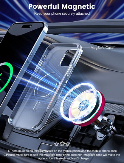 MOKPR for Magsafe Car Mount Charger-15W Wireless Car Charger-Magnetic Car Phone Holder for Dash Air Vent-LED RGB HandsFree Car Mount Fast Car Charger for iPhone 16 15/14/13/12 Series RED - color: Red