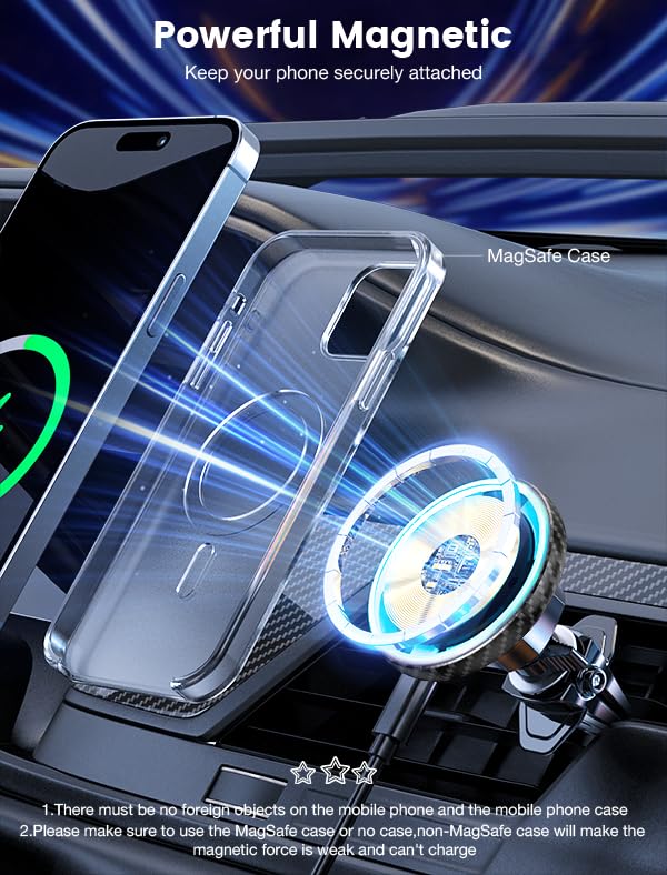 MOKPR for Magnetic Car Mount Charger-15W Wireless Car Charger-Magnetic Car Phone Holder for Dash Air Vent-LED RGB HandsFree Car Mount Fast Car Charger for iPhone 14/13/12 Series Carbon Fiber - color: Carbon Fiber