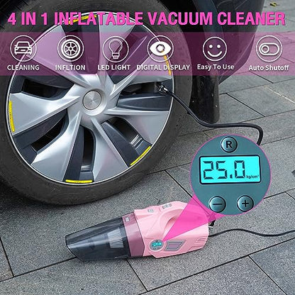 Roadside Emergency Car kit for Vehicles, with 4 in 1 Inflatable Car Vacuum Cleaner, Pink Jumper Cables, First Aid Kit, Tow Rope, Vehicle Road Trip Must Haves Pink Accessories for Women